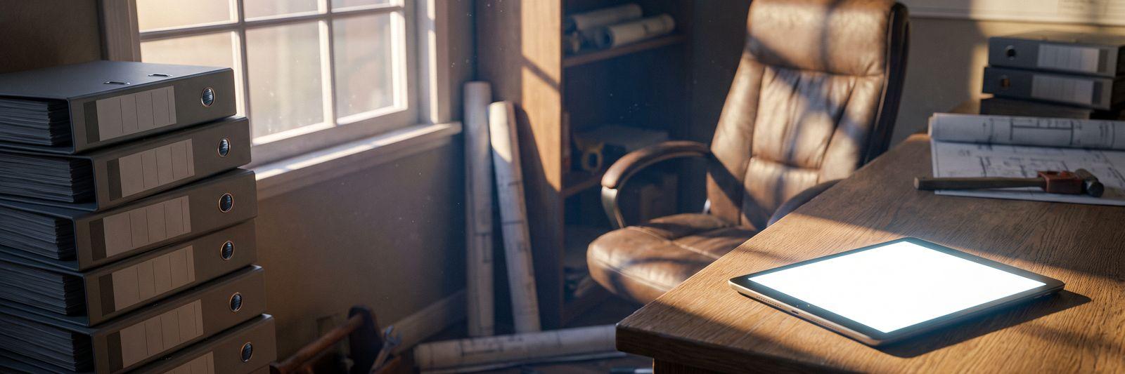 Büro mit gestapelten Ordnern, Schreibtisch und Tablet am Fenster.