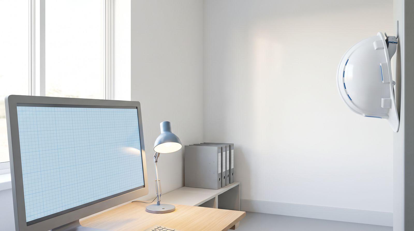 Helles Büro mit Schreibtisch, Tablet und gestapelten Ordnern am Fenster.
