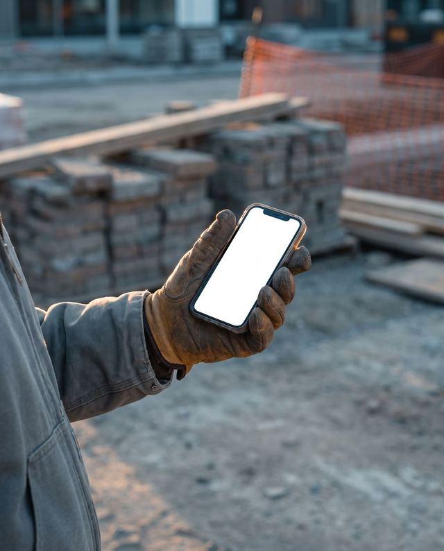 Hand mit Arbeitshandschuh hält ein Smartphone vor gestapelten Pflastersteinen.
