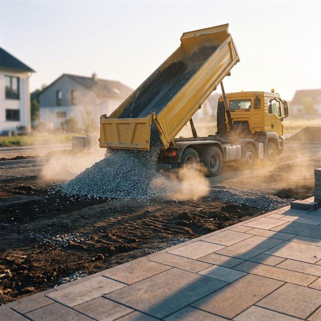 Lieferung von Schüttgut wird auf der Baustelle abgeladen.